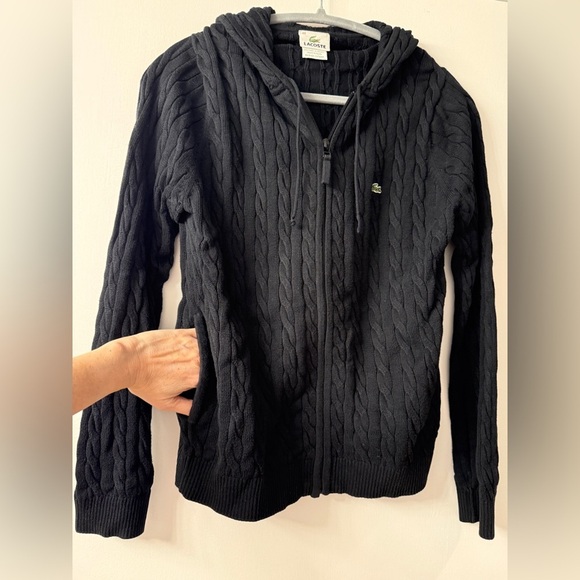 Lacoste Women’s Cable Knit Zip-Up Hoodie Cardigan, Cotton, Black, Sz 44 (=Large) - Picture 4 of 10